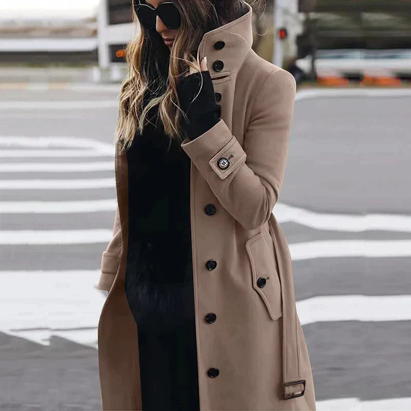 Lange Wollen Winterjas Met Opstaande Kraag En Riem – Elegante Damesjas Voor Koude Dagen