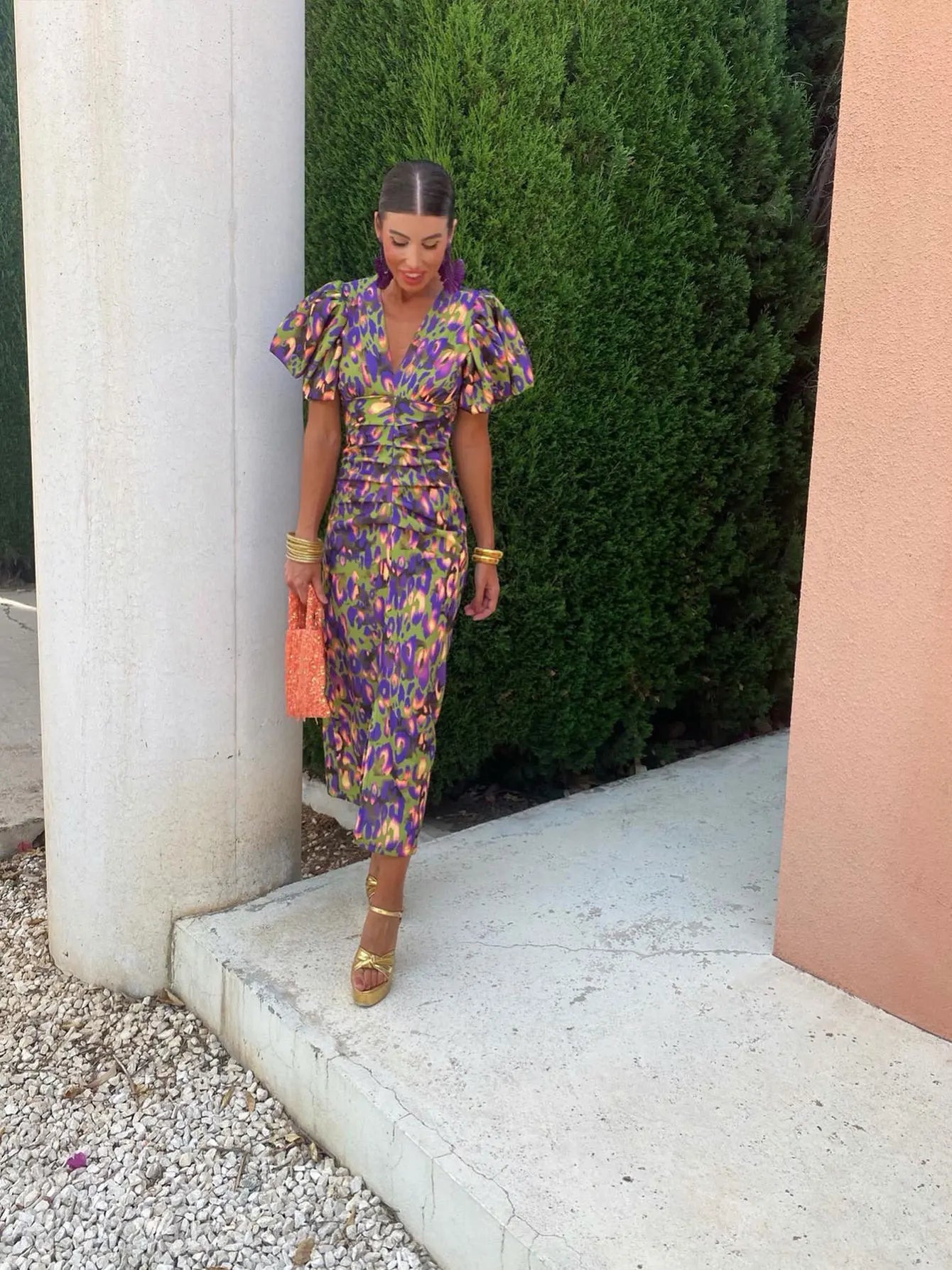 Dames Midi-Jurk Met Pofmouwen, Cut-Out En Bloemenprint – Lente, Zomer En Vroege Herfst