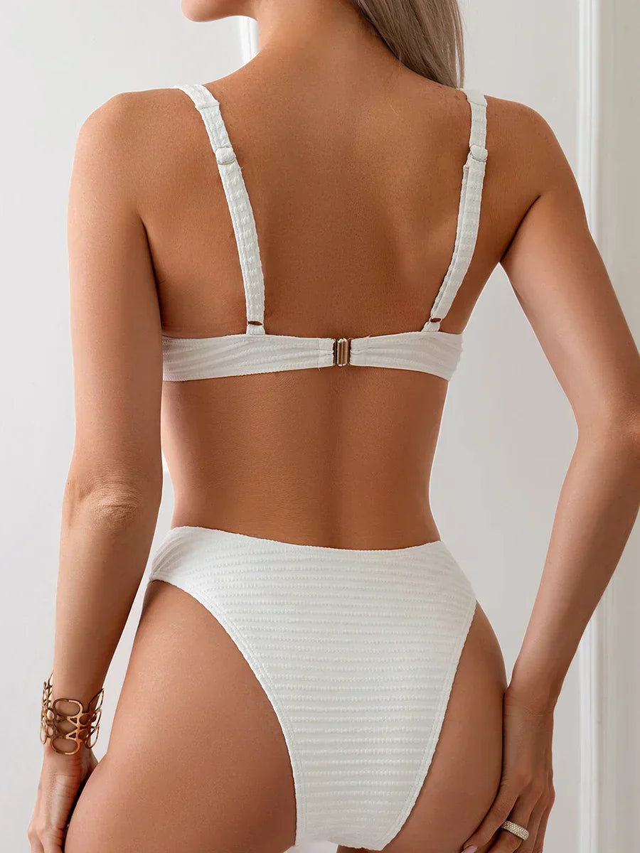 Bikini voor dames – geribd met beugel, hoge taille & brede bandjes – zomer en strand