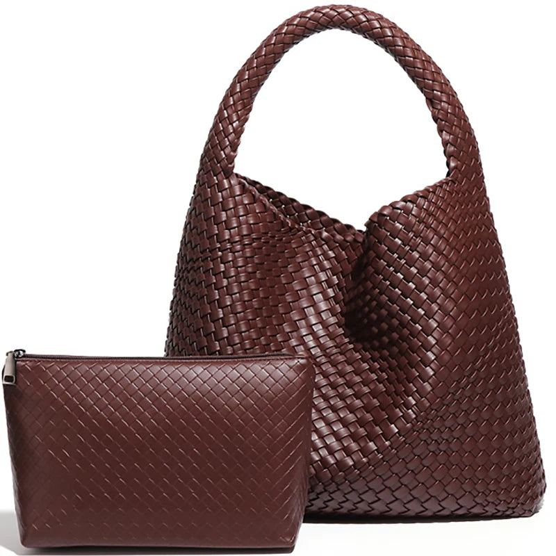 Luxe Gevlochten Schoudertas Met Bijpassende Pouch / 2-in-1 Set Voor Werk, Stad & Dagelijks Gebruik (Vier Seizoenen)