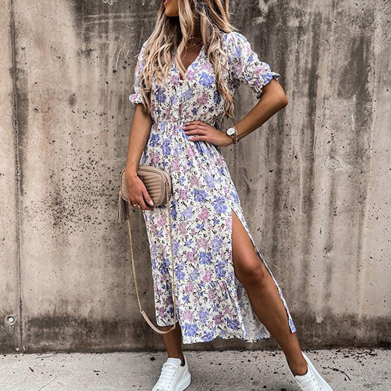 Dames Midi-Jurk Met Bloemenprint, Split En Elastische Taille – Lente, Zomer En Vroege Herfst