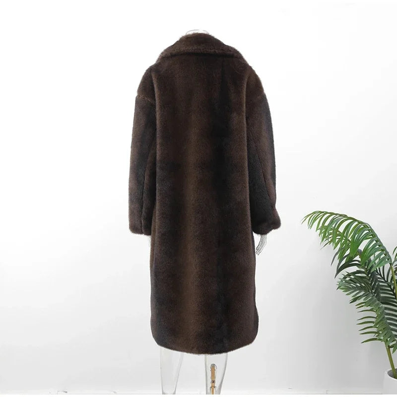 Lange Bruine Faux Fur Jas – Elegante Fluffy Wintermantel Voor Dames Met Luxe Uitstraling