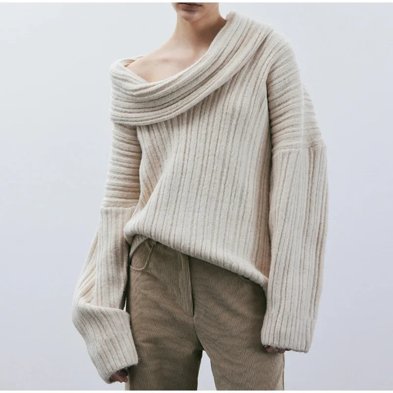 Grofgebreide Off-Shoulder Trui – Pure Knitwear Verleiding Met High-End Allure