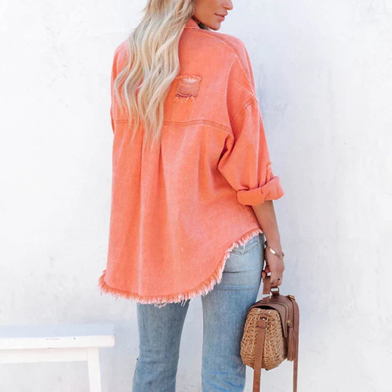 Oversized Denim Jack Met Scheuren – Casual Voorjaarsjas Voor Dames Met Relaxed Fit En Vintage Flair