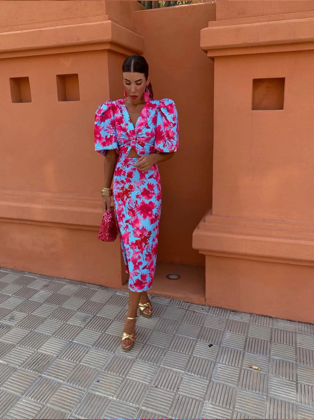 Dames Midi-Jurk Met Pofmouwen, Cut-Out En Bloemenprint – Lente, Zomer En Vroege Herfst