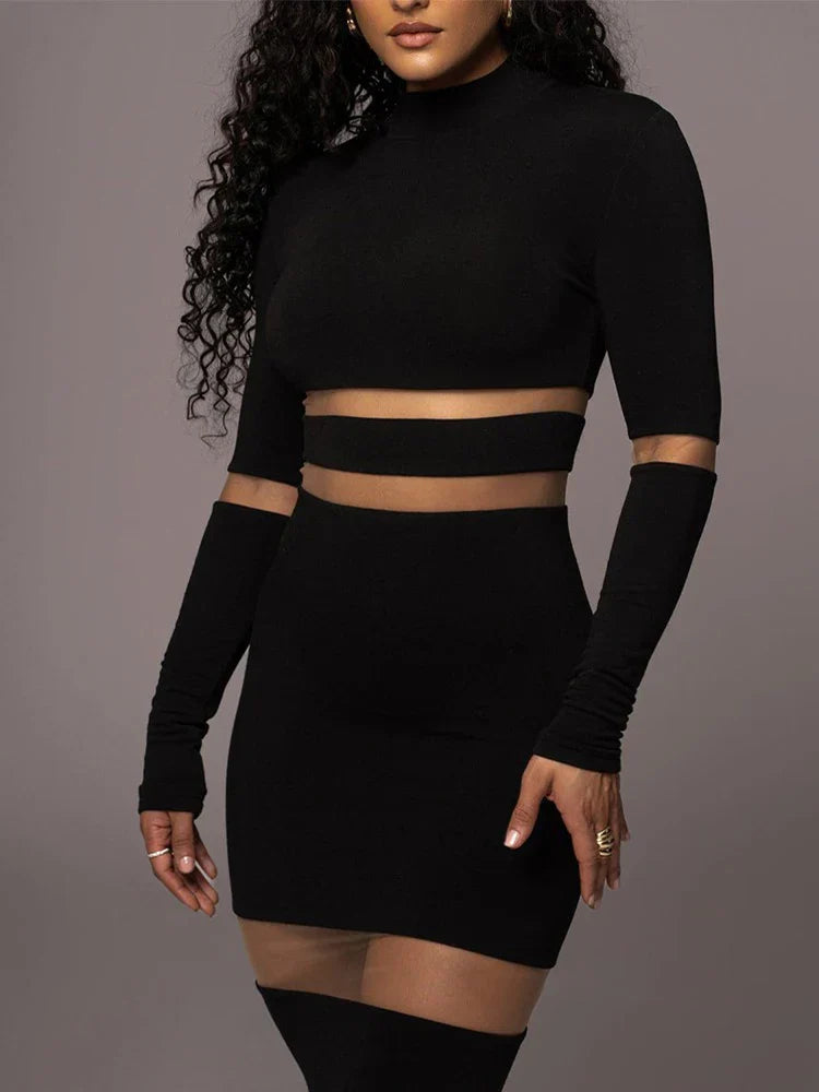 Twee-Delige Dames Set Met Meshpanelen – Bodycon Crop Top En Midi Rok Met Cut-Out Details
