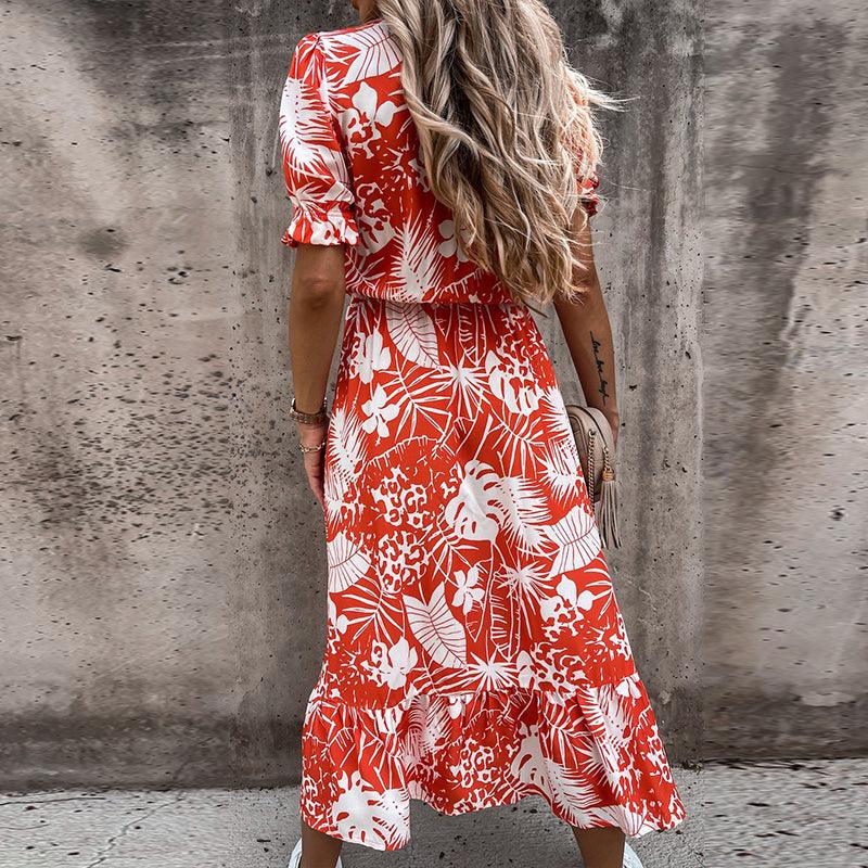 Dames Midi-Jurk Met Bloemenprint, Split En Elastische Taille – Lente, Zomer En Vroege Herfst