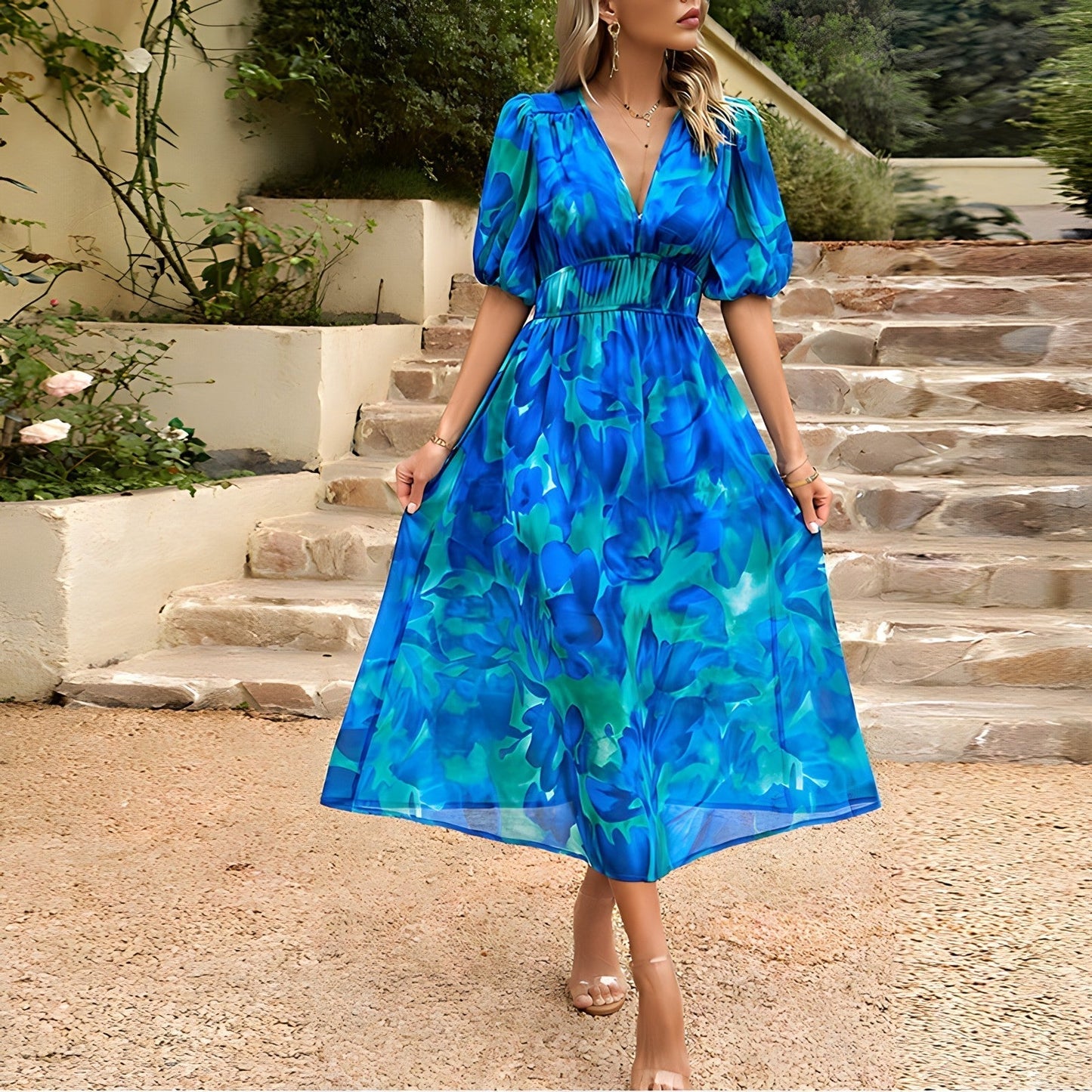 Dames Midi-Jurk Met Blauwe Bloemenprint, Pofmouwen En V-Hals – Lente, Zomer En Vroege Herfst