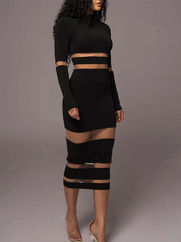 Twee-Delige Dames Set Met Meshpanelen – Bodycon Crop Top En Midi Rok Met Cut-Out Details