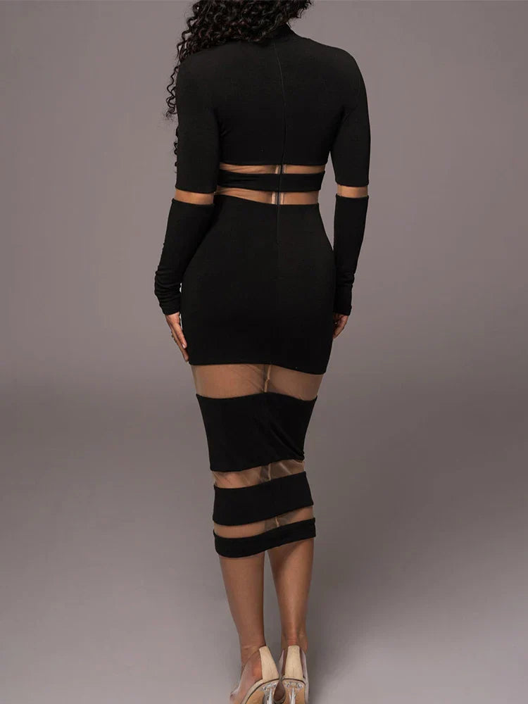 Twee-Delige Dames Set Met Meshpanelen – Bodycon Crop Top En Midi Rok Met Cut-Out Details
