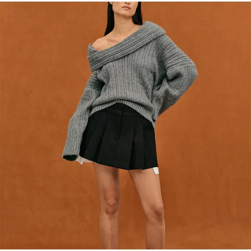 Grofgebreide Off-Shoulder Trui – Pure Knitwear Verleiding Met High-End Allure