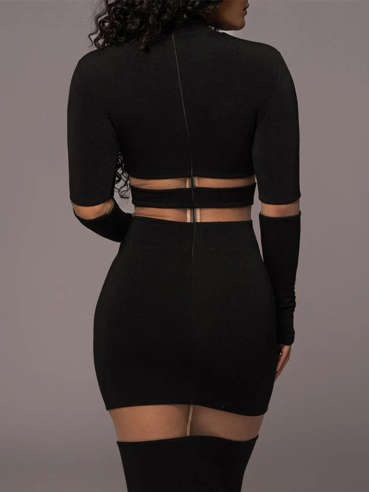 Twee-Delige Dames Set Met Meshpanelen – Bodycon Crop Top En Midi Rok Met Cut-Out Details