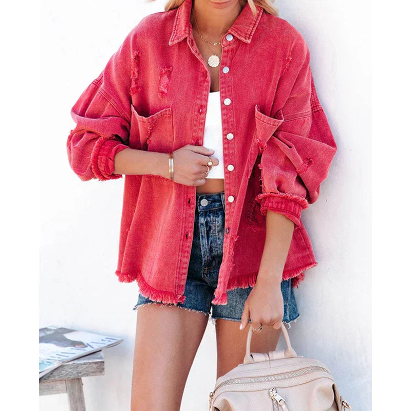 Oversized Denim Jack Met Scheuren – Casual Voorjaarsjas Voor Dames Met Relaxed Fit En Vintage Flair