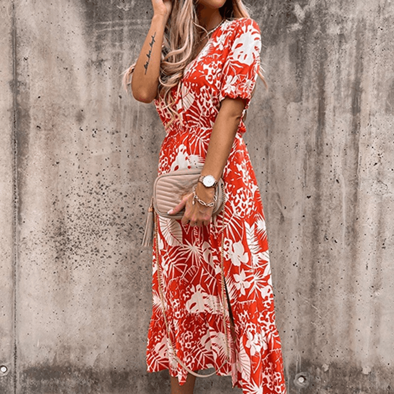 Dames Midi-Jurk Met Bloemenprint, Split En Elastische Taille – Lente, Zomer En Vroege Herfst
