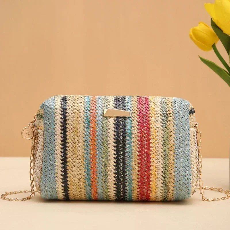 Zomertas Voor Dames – Gevlochten Schoudertas Met Kettingband & Ritssluiting Voor Strand En Vakantie