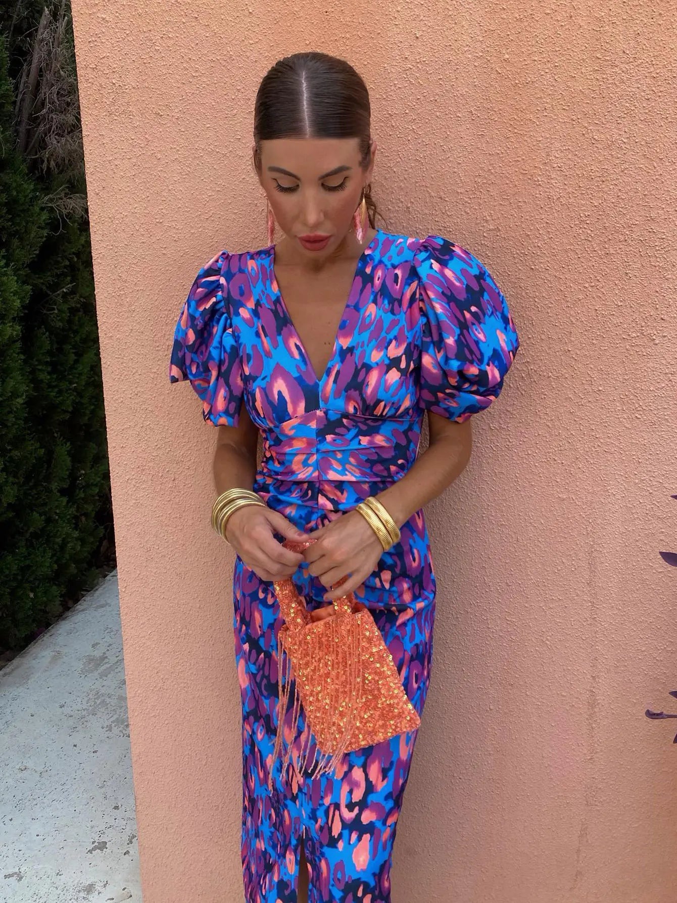Dames Midi-Jurk Met Pofmouwen, Cut-Out En Bloemenprint – Lente, Zomer En Vroege Herfst