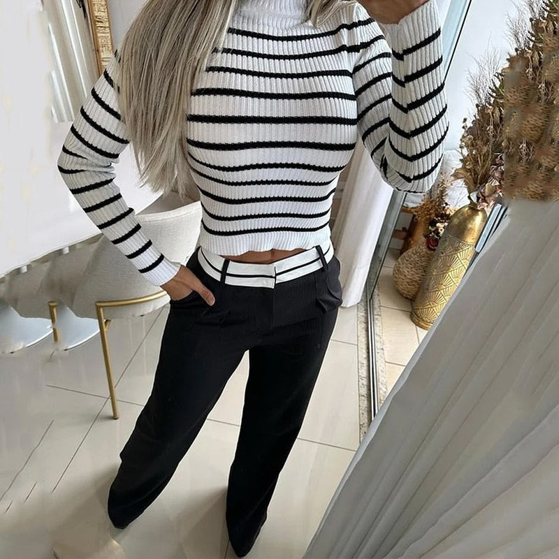 Gestreepte Dames Set Knit Top Met Col En Rechte Pantalon – Ideaal Voor Herfst, Winter En Voorjaar