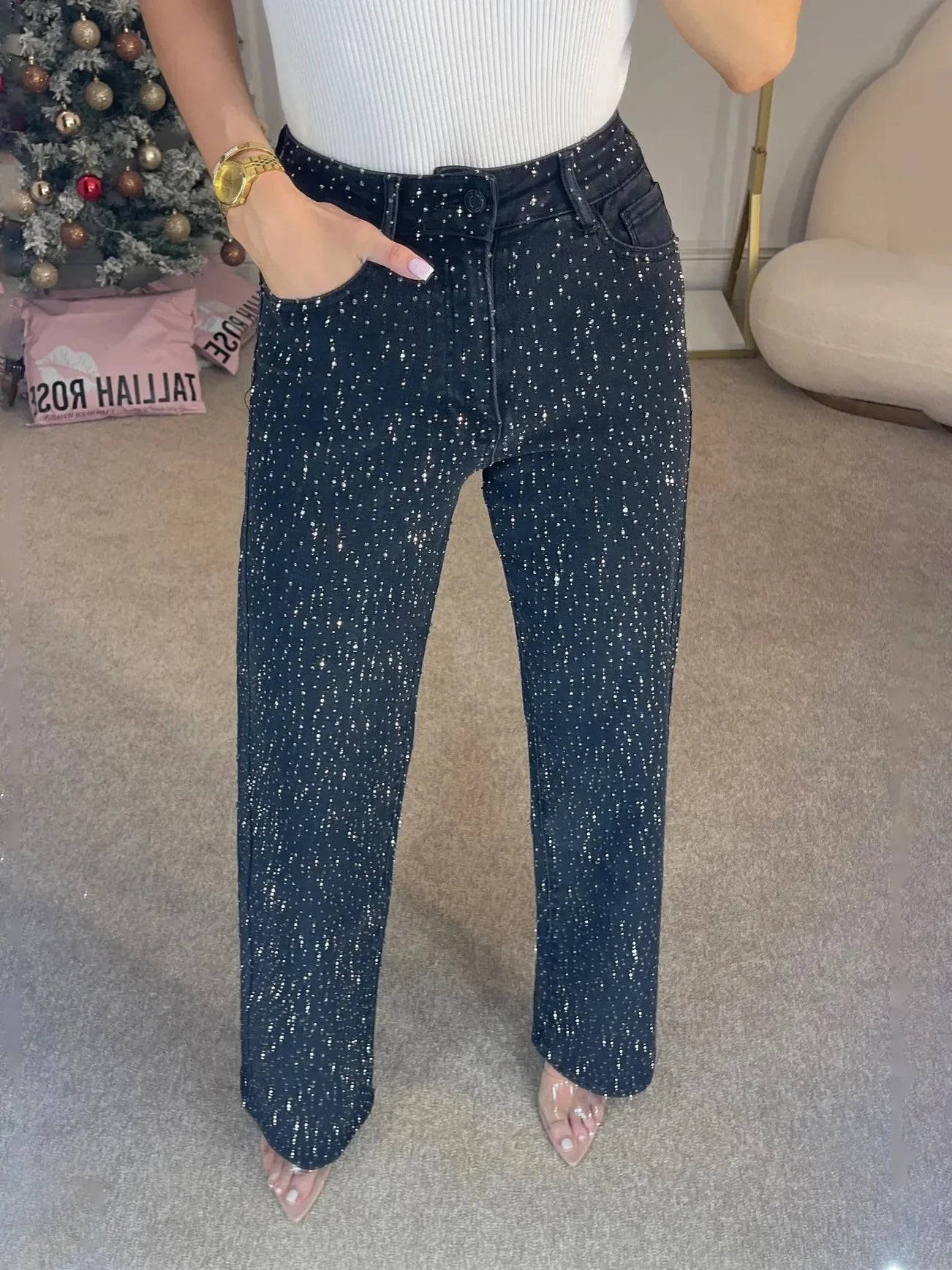 Glitter Jeans Dames High Waist