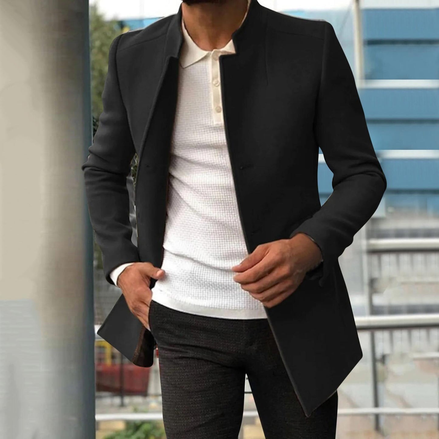 Herfst Heren Jas Met Lange Snit En Opstaande Kraag Voor Een Moderne Look