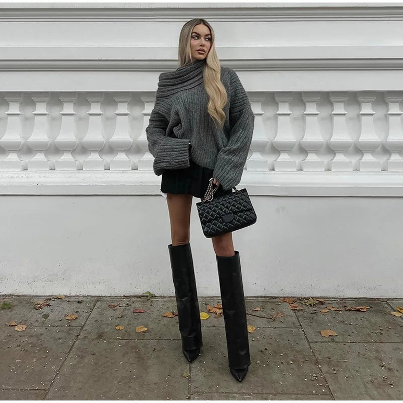 Grofgebreide Off-Shoulder Trui – Pure Knitwear Verleiding Met High-End Allure