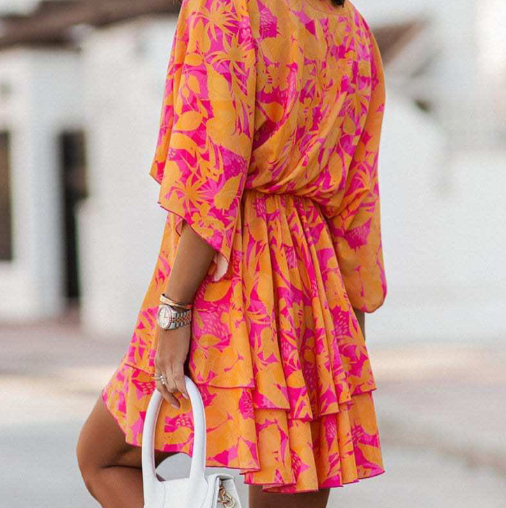Dames Mini-Jurk Met Tropische Print, Vleermuismouwen En Volantrok – Lente, Zomer En Vroege Herfst