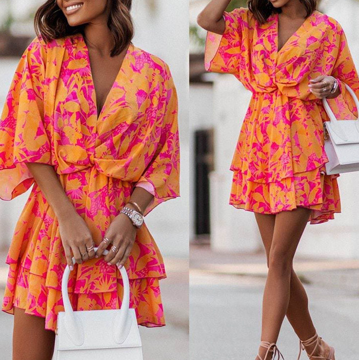 Dames Mini-Jurk Met Tropische Print, Vleermuismouwen En Volantrok – Lente, Zomer En Vroege Herfst