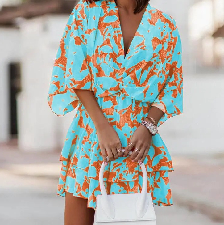 Dames Mini-Jurk Met Tropische Print, Vleermuismouwen En Volantrok – Lente, Zomer En Vroege Herfst