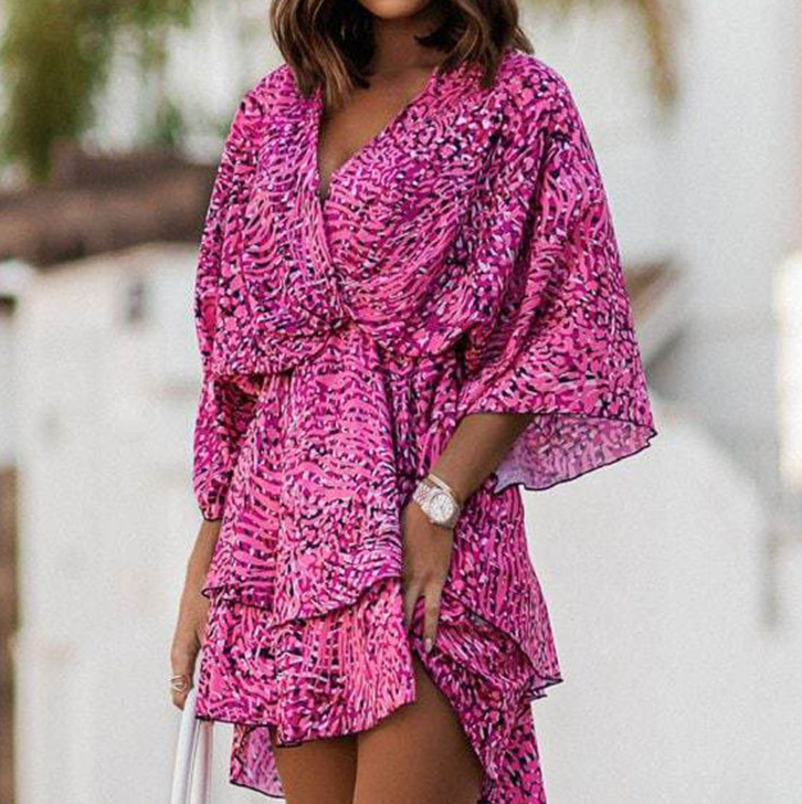Dames Mini-Jurk Met Tropische Print, Vleermuismouwen En Volantrok – Lente, Zomer En Vroege Herfst