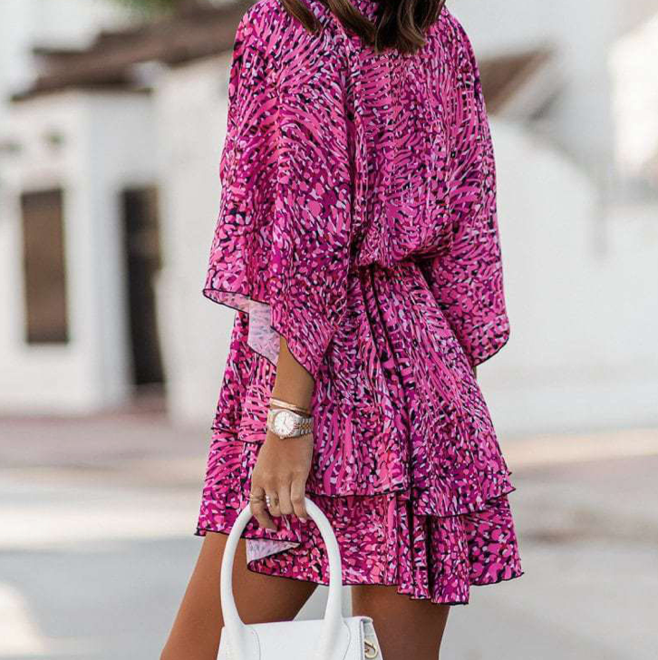 Dames Mini-Jurk Met Tropische Print, Vleermuismouwen En Volantrok – Lente, Zomer En Vroege Herfst