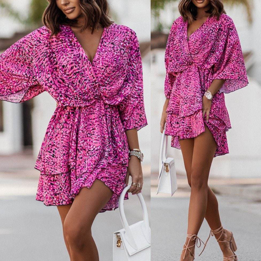 Dames Mini-Jurk Met Tropische Print, Vleermuismouwen En Volantrok – Lente, Zomer En Vroege Herfst