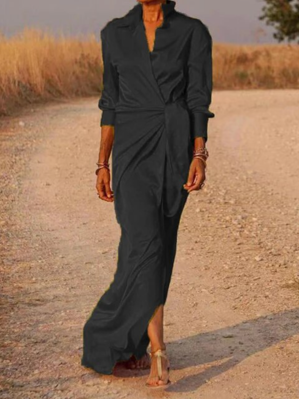 Dames Maxi-Jurk Met Satijnlook, Overslag En Lange Mouwen – Lente, Zomer En Vroege Herfst