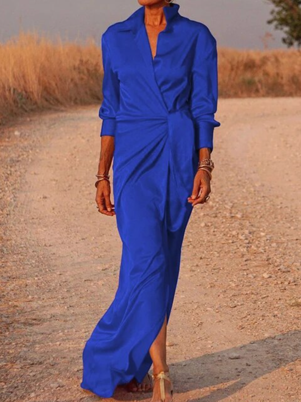 Dames Maxi-Jurk Met Satijnlook, Overslag En Lange Mouwen – Lente, Zomer En Vroege Herfst