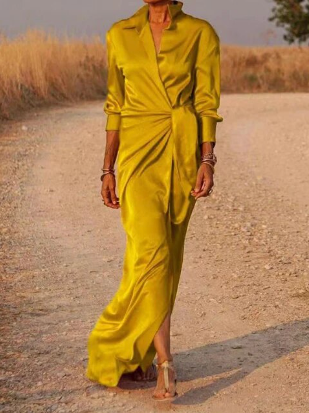 Dames Maxi-Jurk Met Satijnlook, Overslag En Lange Mouwen – Lente, Zomer En Vroege Herfst