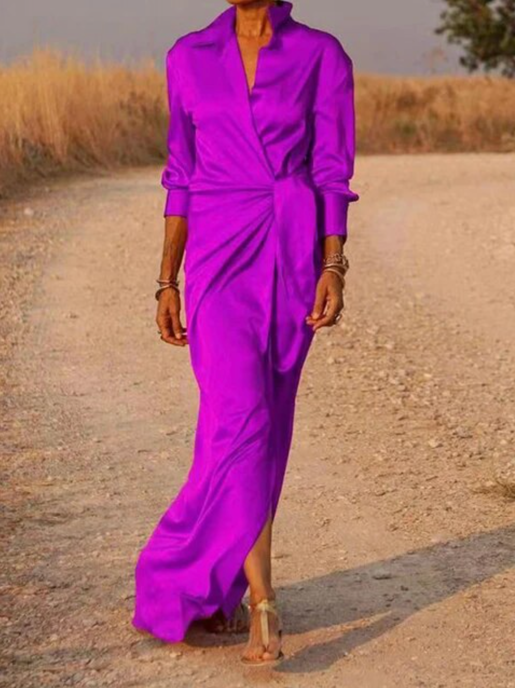 Dames Maxi-Jurk Met Satijnlook, Overslag En Lange Mouwen – Lente, Zomer En Vroege Herfst