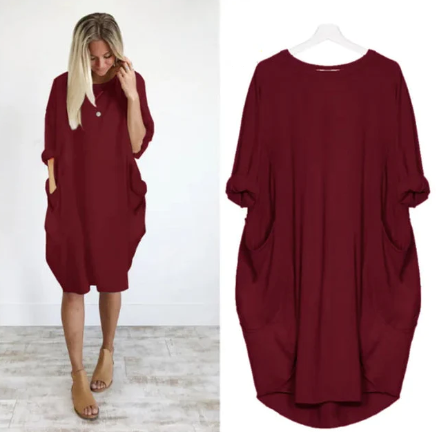 Dames Oversized Jurk Met Opgerolde Mouwen En Zakken – Lente, Zomer En Vroege Herfst