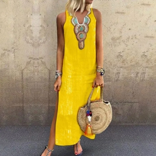 Zomerse Maxi-Jurk Met Kralendetail – Mouwloze Gele Jurk Met Etnische Halslijn