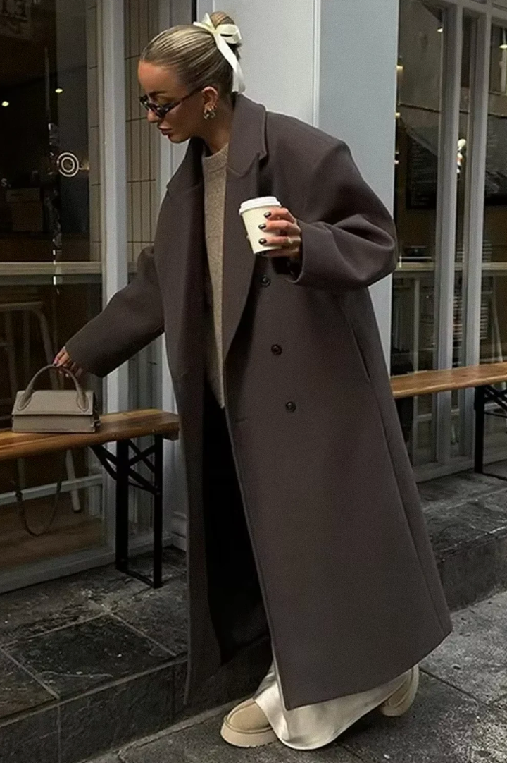 Oversized Damesmantel Voor Herfst & Winter – Warme Wolblend, Dubbele Knopenrij & Tijdloze Elegantie