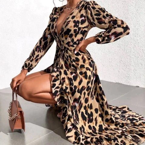 Dames Overslagjurk Met Luipaardprint En Lange Mouwen – Lente, Zomer En Herfst