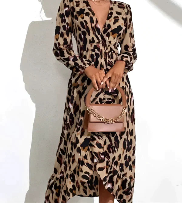 Dames Overslagjurk Met Luipaardprint En Lange Mouwen – Lente, Zomer En Herfst