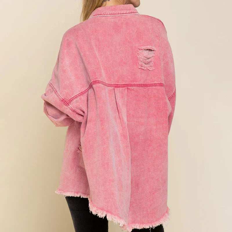 Oversized Denim Jack Met Scheuren – Casual Voorjaarsjas Voor Dames Met Relaxed Fit En Vintage Flair