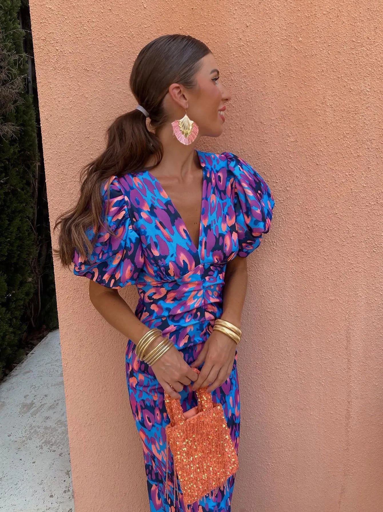 Dames Midi-Jurk Met Pofmouwen, Cut-Out En Bloemenprint – Lente, Zomer En Vroege Herfst