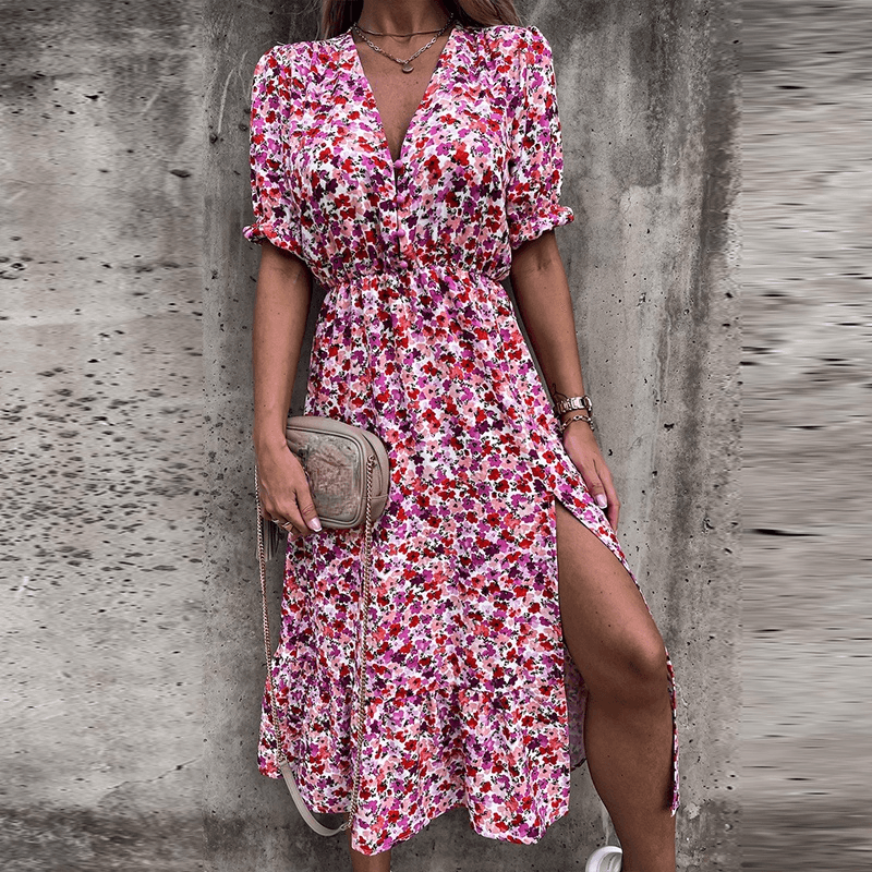 Dames Midi-Jurk Met Bloemenprint, Split En Elastische Taille – Lente, Zomer En Vroege Herfst