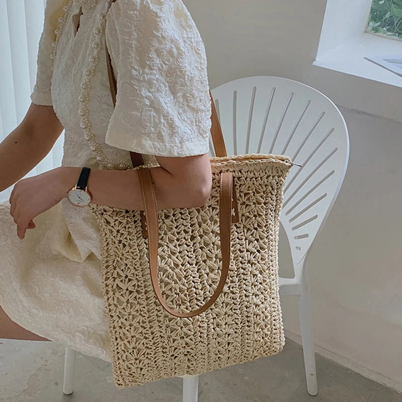 Tas Voor Dames – Luxe Gehaakte Tote Bag Met Leren Schouderhengsels Voor Strand, Vakantie & Dagelijks Gebruik (Zomer, Voorjaar)