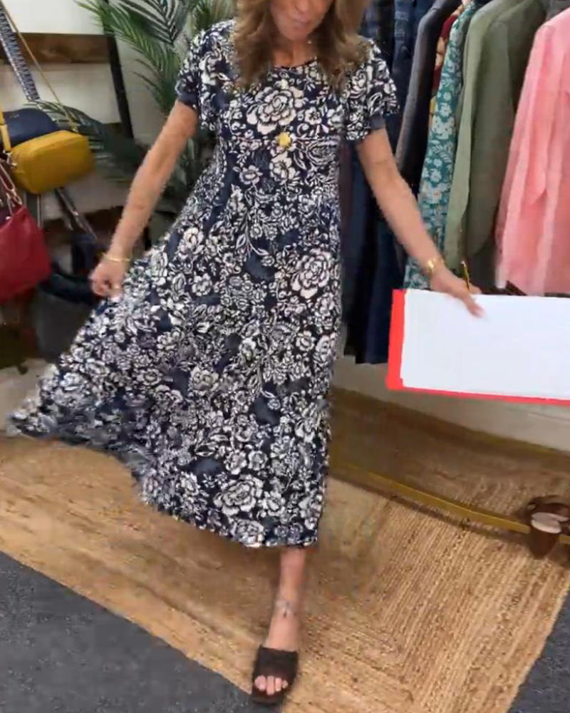 Dames Midi-Jurk Met Bloemenprint En Korte Mouwen – Lente, Zomer