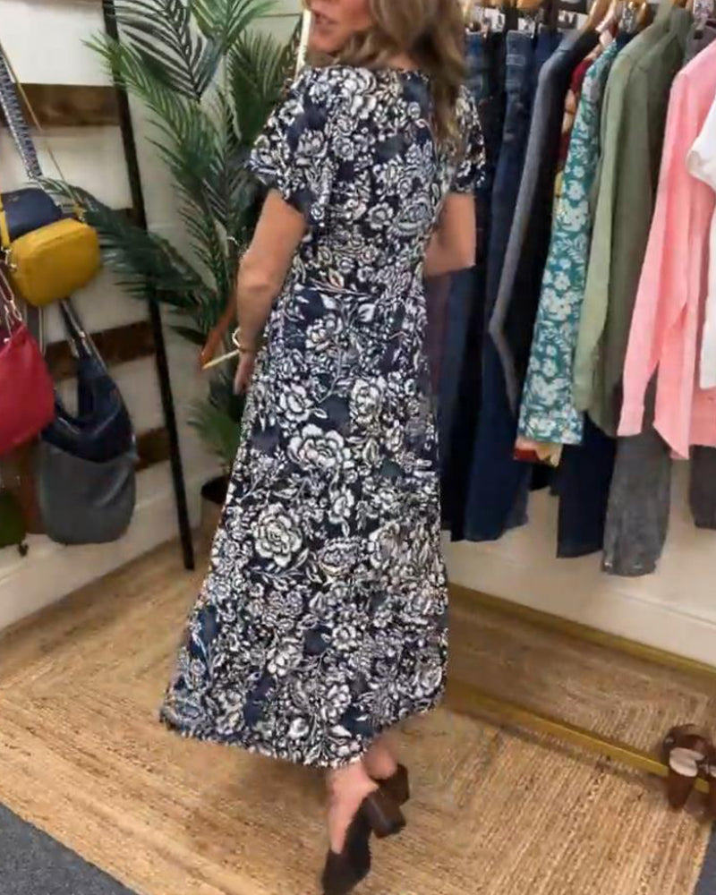 Dames Midi-Jurk Met Bloemenprint En Korte Mouwen – Lente, Zomer