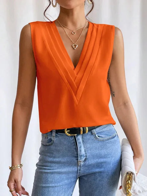 Elegante Mouwloze Dames Top Met V-Hals En Geplooide Details – Luchtig En Chic
