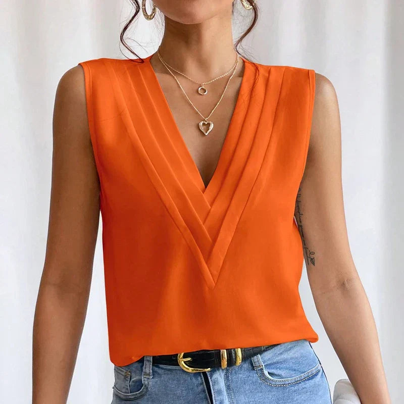 Elegante Mouwloze Dames Top Met V-Hals En Geplooide Details – Luchtig En Chic