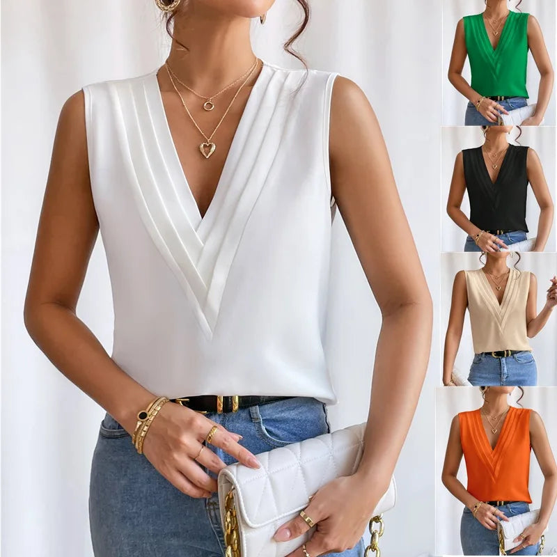 Elegante Mouwloze Dames Top Met V-Hals En Geplooide Details – Luchtig En Chic