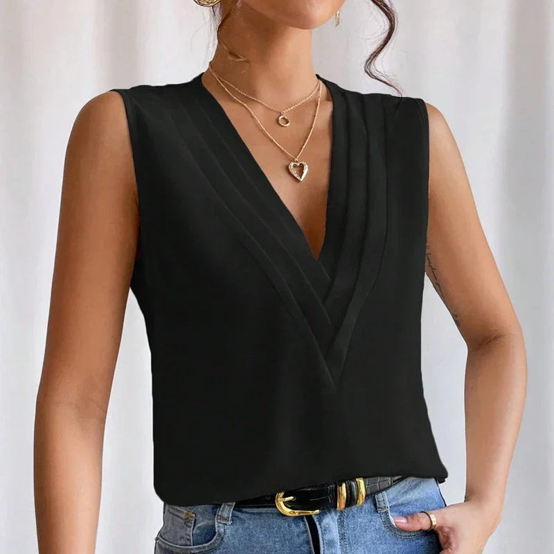 Elegante Mouwloze Dames Top Met V-Hals En Geplooide Details – Luchtig En Chic