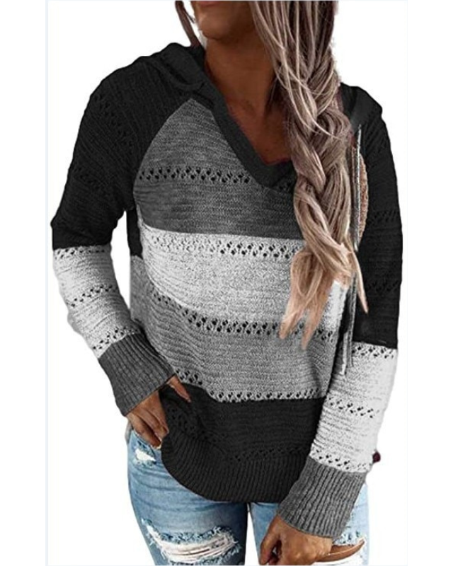 Gebreide Hoodie Met Gehaakte Strepen – Luchtige Damestrui Voor Lente En Zomer